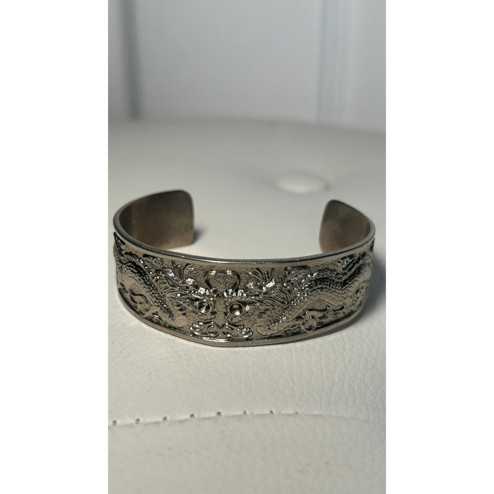 Silver Tone Dragon Cuff Bracelet Gothic Fantasy‎ Biker Medieval Unisex Wide Cuff
